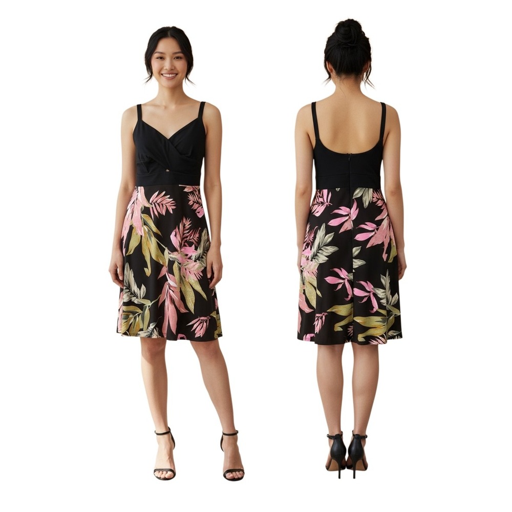 Cabi Beach Club Dress Medium Black Pink Tropical Floral Surplice Midi 5384 Vacay